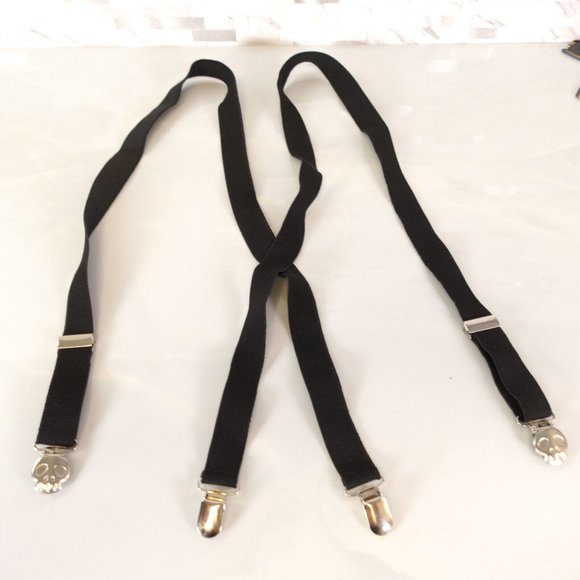 Boy Black X Back Classic Suspenders Solid Silver Skull Clip Adjustable Stretch - Picture 1 of 6